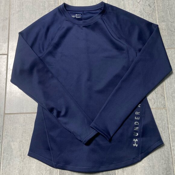 Under Armour ColdGear Long Sleeve Curved Hem Tee Shirt Thumbholes Blue Medium - Picture 1 of 10